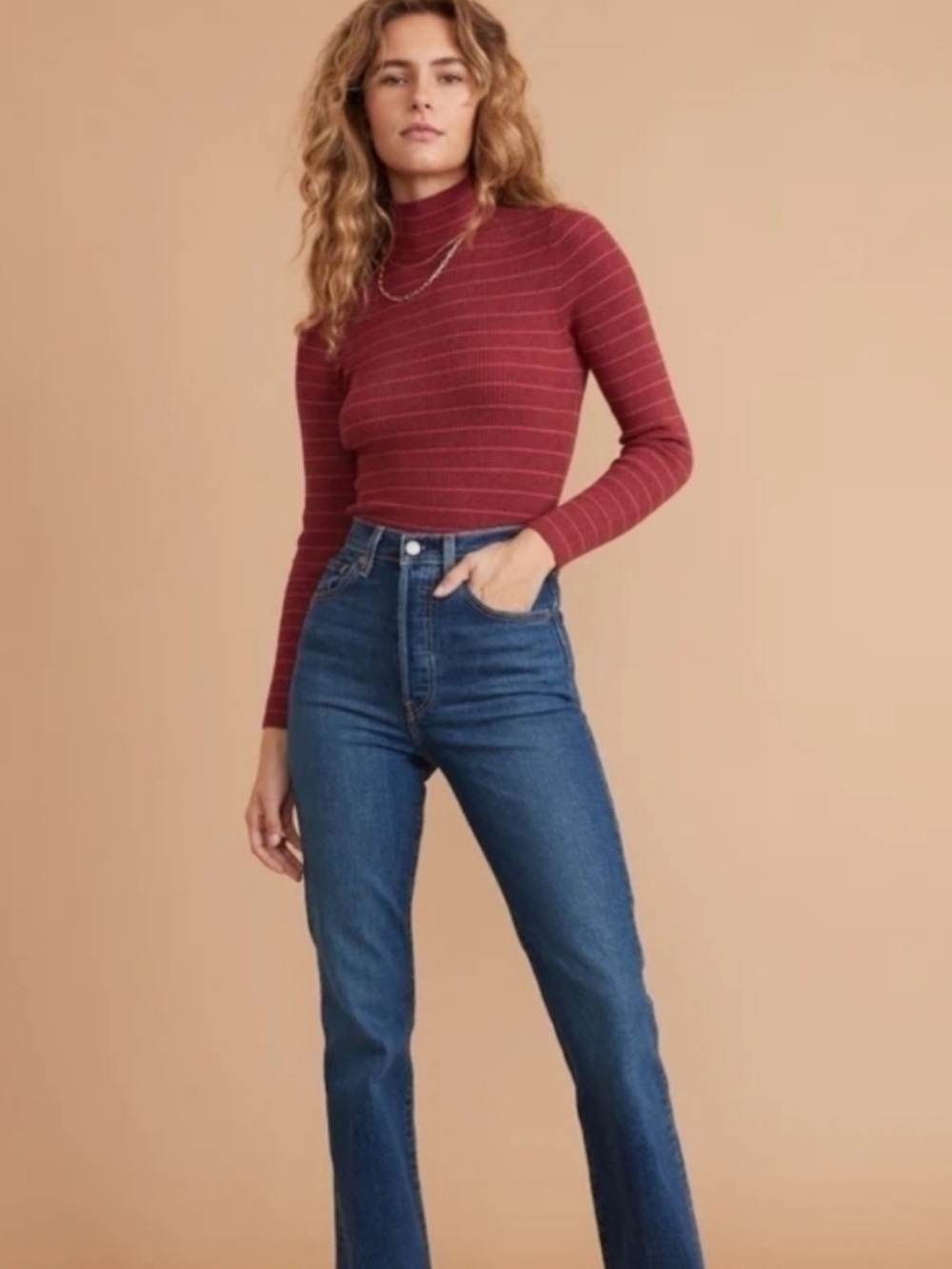 Marine layer Chamonix Ribbed Turtleneck Sweater stripe burgundy pink XL